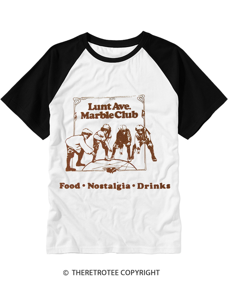 TheRetroTee Nostalgia Lunt Ave Marble Club Vintage Graphic Raglan Baseball T-Shirt