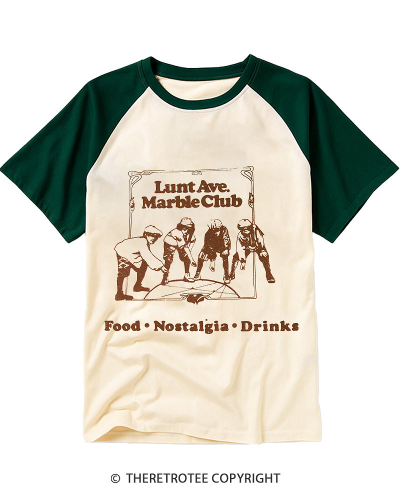 TheRetroTee Nostalgia Lunt Ave Marble Club Vintage Graphic Raglan Baseball T-Shirt
