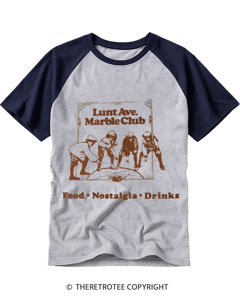 TheRetroTee Nostalgia Lunt Ave Marble Club Vintage Graphic Raglan Baseball T-Shirt