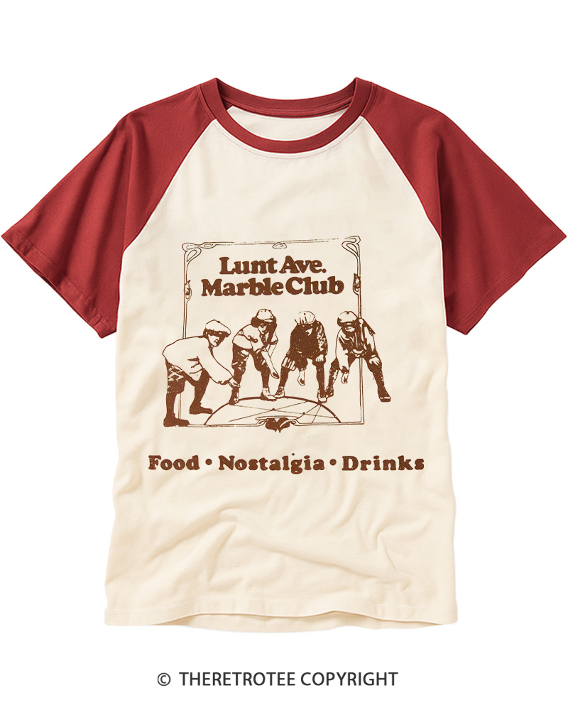 TheRetroTee Nostalgia Lunt Ave Marble Club Vintage Graphic Raglan Baseball T-Shirt