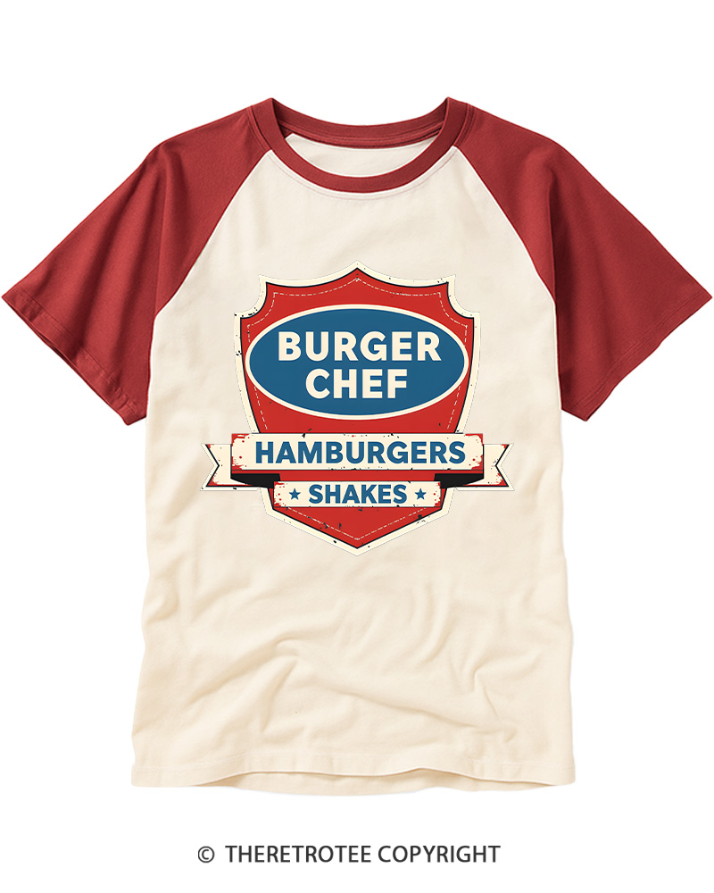 TheRetroTee Retro Burger Chef Vintage Graphic Raglan Baseball T-Shirt