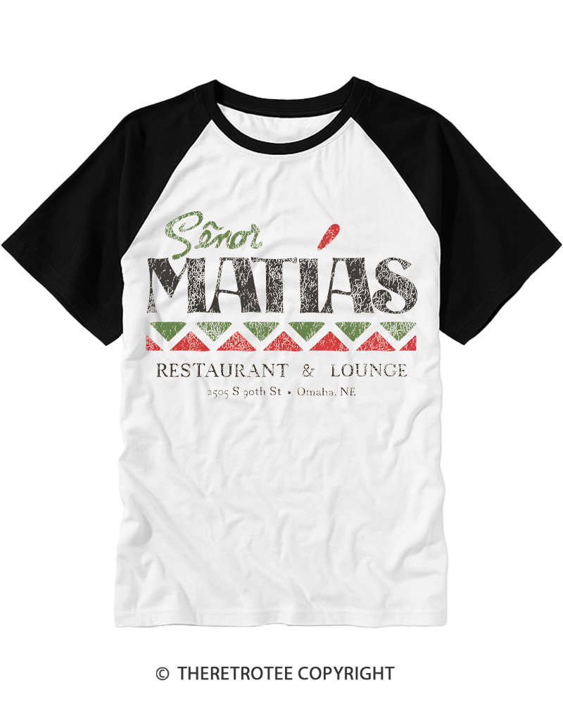 TheRetroTee Señor Matias Restaurant & Lounge 1970s Vintage Graphic Raglan Baseball T-Shirt