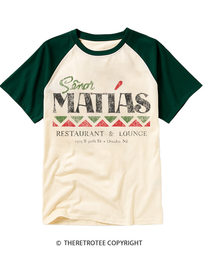 TheRetroTee Señor Matias Restaurant & Lounge 1970s Vintage Graphic Raglan Baseball T-Shirt
