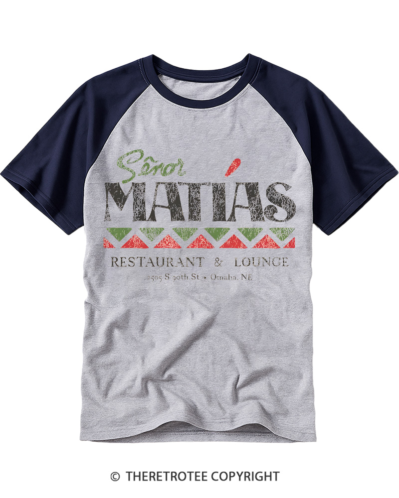 TheRetroTee Señor Matias Restaurant & Lounge 1970s Vintage Graphic Raglan Baseball T-Shirt