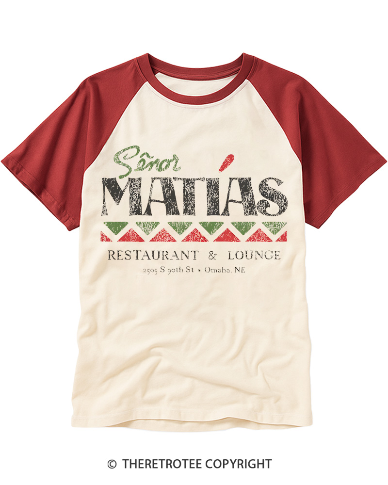 TheRetroTee Señor Matias Restaurant & Lounge 1970s Vintage Graphic Raglan Baseball T-Shirt