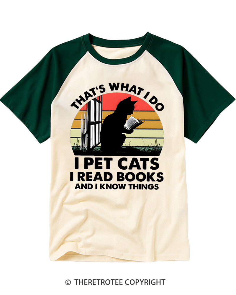 TheRetroTee That's What I Do I Pet Cats I Read Books Vintage Graphic Raglan Baseball T-Shirt