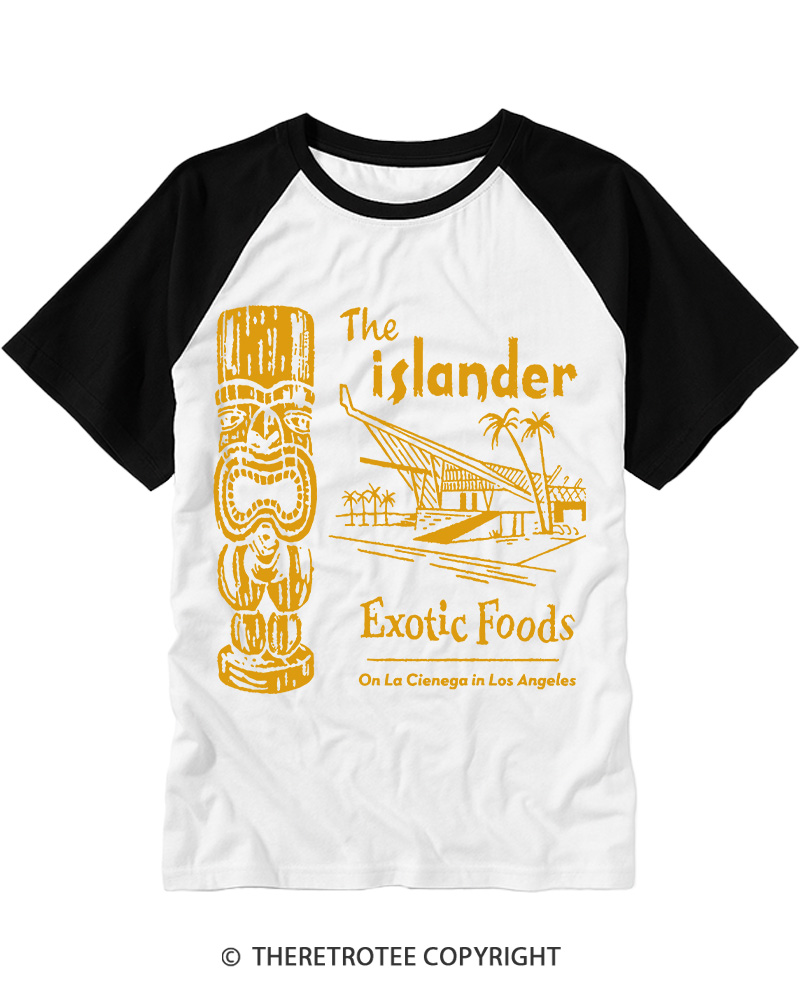 TheRetroTee The Islander Exotic Foods 1950s Vintage Graphic Raglan Baseball T-Shirt