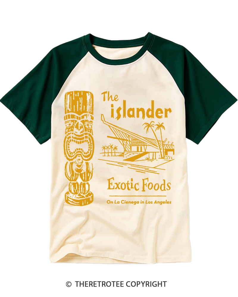 TheRetroTee The Islander Exotic Foods 1950s Vintage Graphic Raglan Baseball T-Shirt