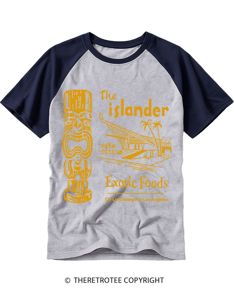 TheRetroTee The Islander Exotic Foods 1950s Vintage Graphic Raglan Baseball T-Shirt