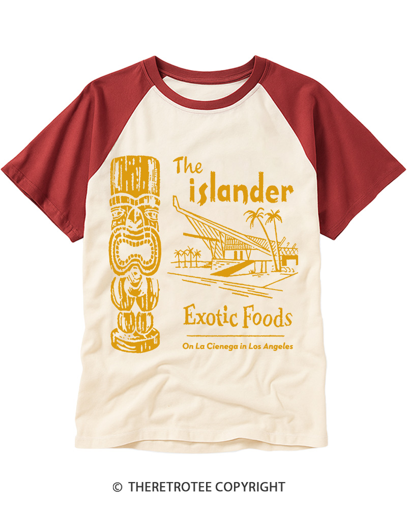 TheRetroTee The Islander Exotic Foods 1950s Vintage Graphic Raglan Baseball T-Shirt