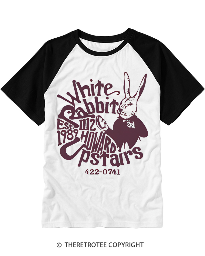 TheRetroTee White Rabbit I’m late 1970s Vintage Graphic Raglan Baseball T-Shirt