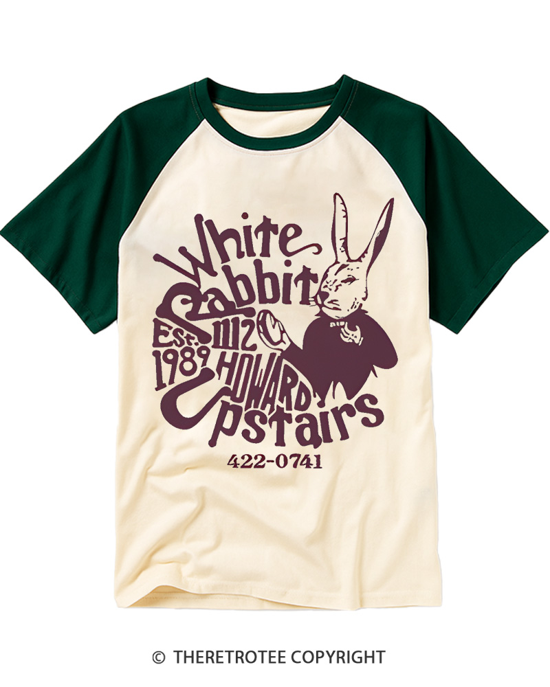 TheRetroTee White Rabbit I’m late 1970s Vintage Graphic Raglan Baseball T-Shirt