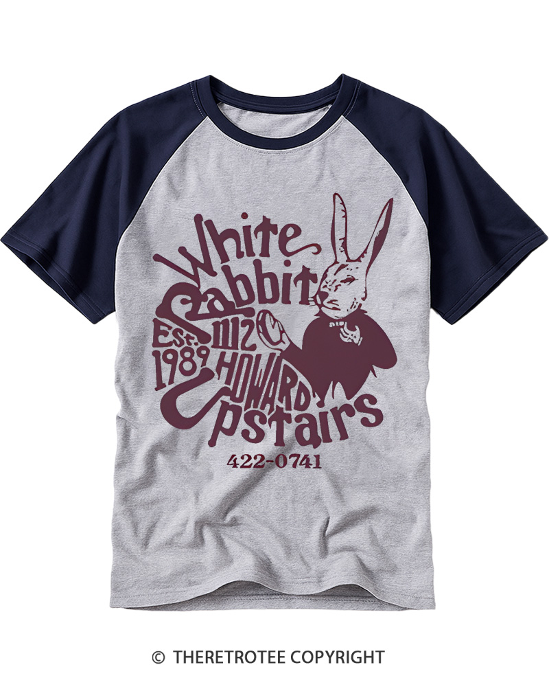 TheRetroTee White Rabbit I’m late 1970s Vintage Graphic Raglan Baseball T-Shirt