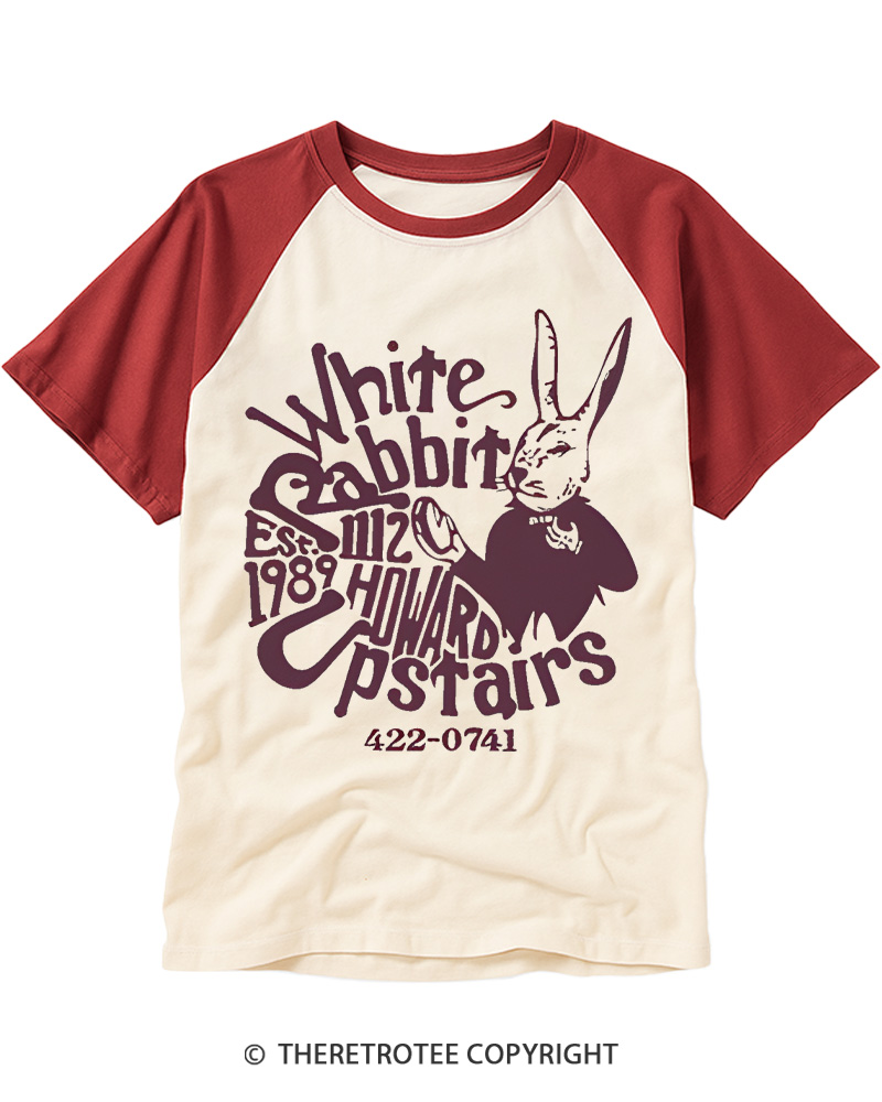 TheRetroTee White Rabbit I’m late 1970s Vintage Graphic Raglan Baseball T-Shirt