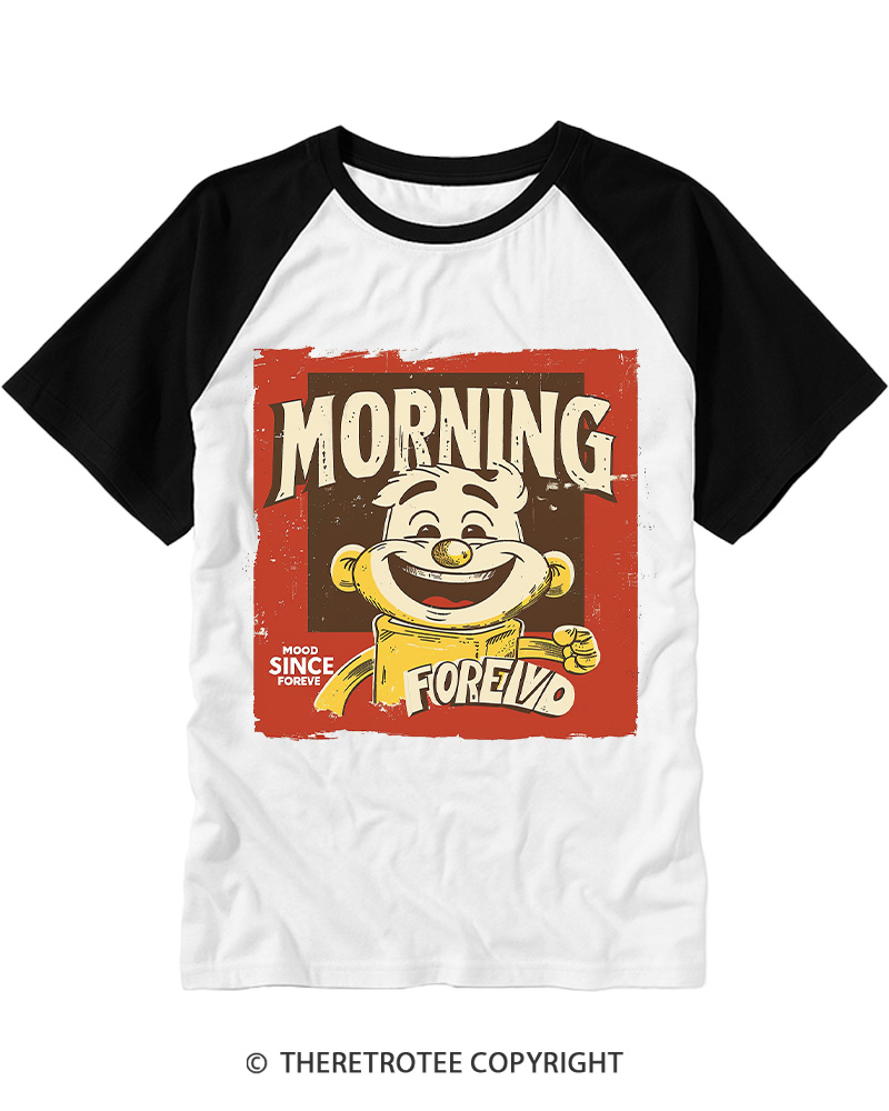 TheRetroTee Morning Mood Forever Retro Cartoon Raglan Baseball T-Shirt