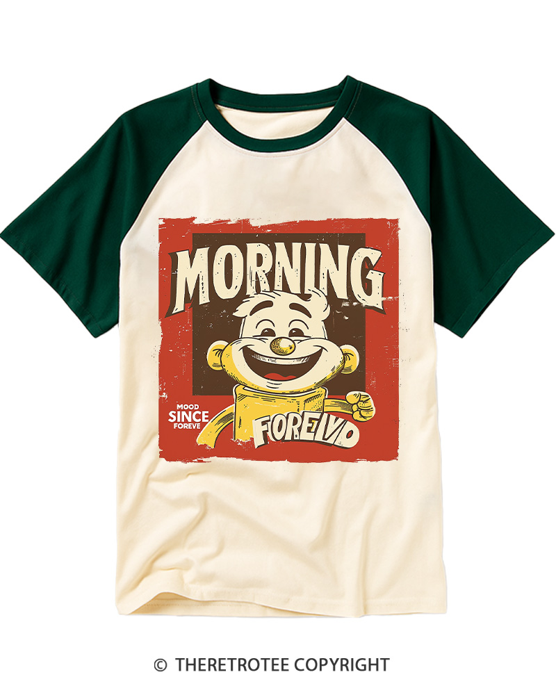 TheRetroTee Morning Mood Forever Retro Cartoon Raglan Baseball T-Shirt