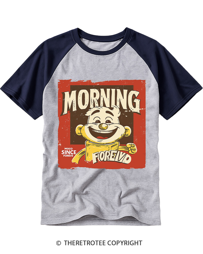 TheRetroTee Morning Mood Forever Retro Cartoon Raglan Baseball T-Shirt