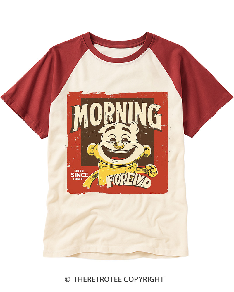 TheRetroTee Morning Mood Forever Retro Cartoon Raglan Baseball T-Shirt