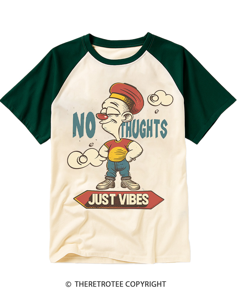 TheRetroTee No Thoughts Just Vibes Retro Character Raglan Baseball T-Shirt