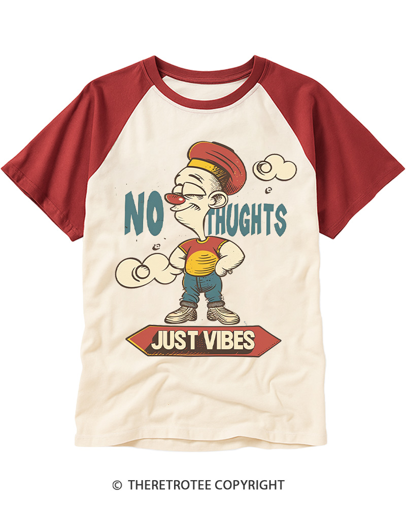 TheRetroTee No Thoughts Just Vibes Retro Character Raglan Baseball T-Shirt