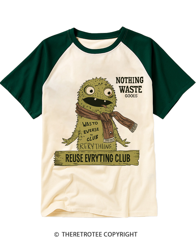 TheRetroTee Reuse Everything Club Vintage Monster Raglan Baseball T-Shirt