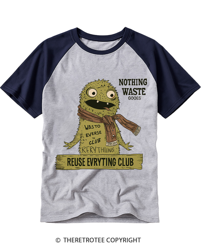 TheRetroTee Reuse Everything Club Vintage Monster Raglan Baseball T-Shirt