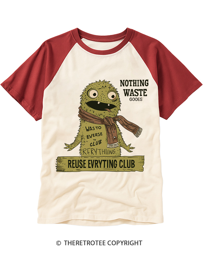 TheRetroTee Reuse Everything Club Vintage Monster Raglan Baseball T-Shirt