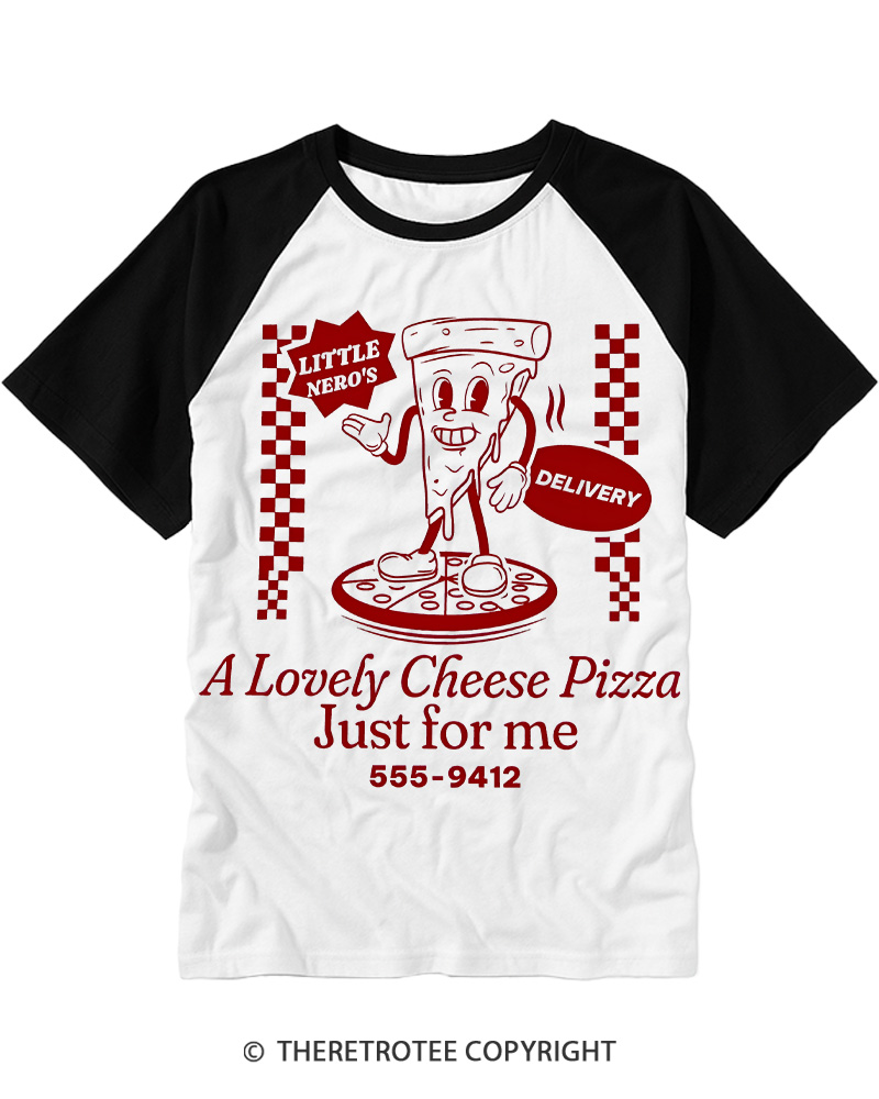 TheRetroTee A Lovely Cheese Pizza Just For Me 1990s Raglan Baseball T-Shirt