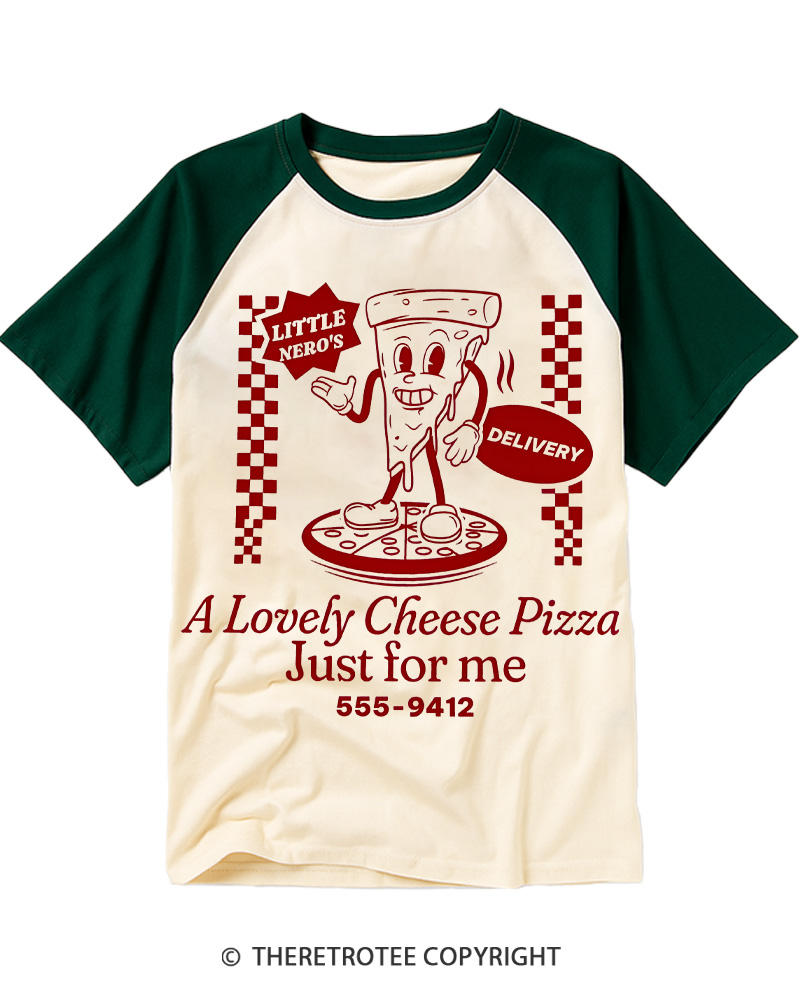 TheRetroTee A Lovely Cheese Pizza Just For Me 1990s Raglan Baseball T-Shirt