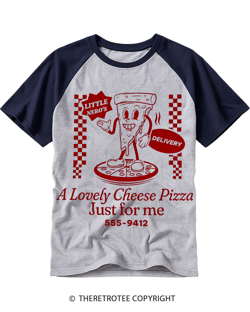 TheRetroTee A Lovely Cheese Pizza Just For Me 1990s Raglan Baseball T-Shirt
