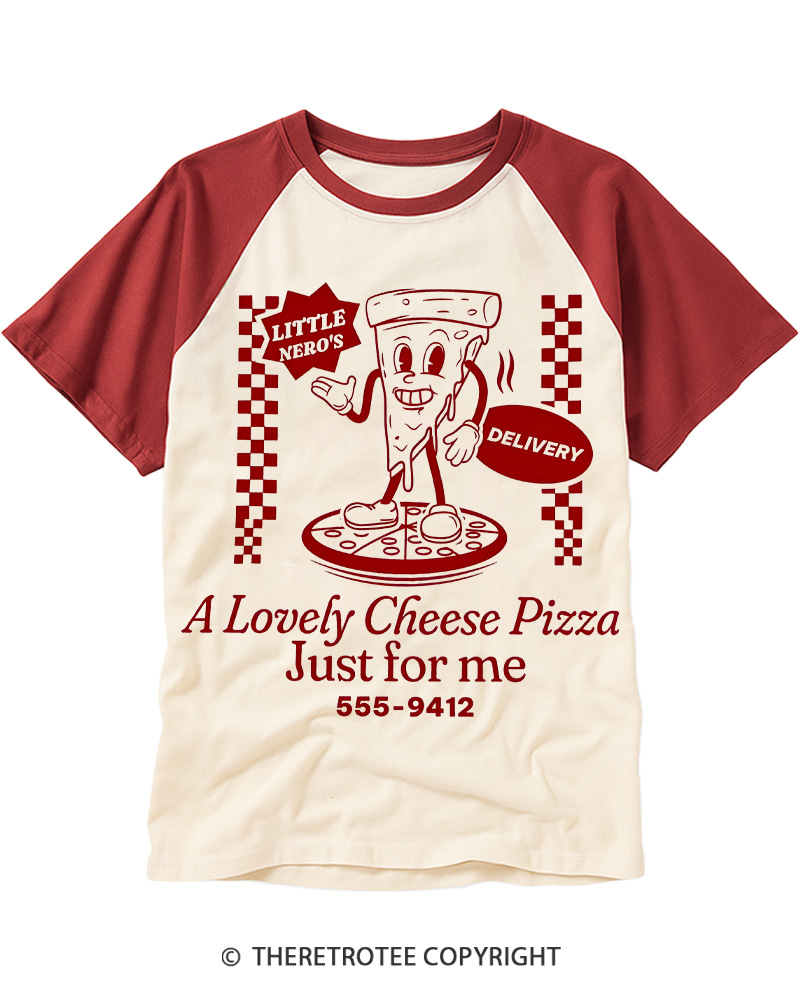 TheRetroTee A Lovely Cheese Pizza Just For Me 1990s Raglan Baseball T-Shirt
