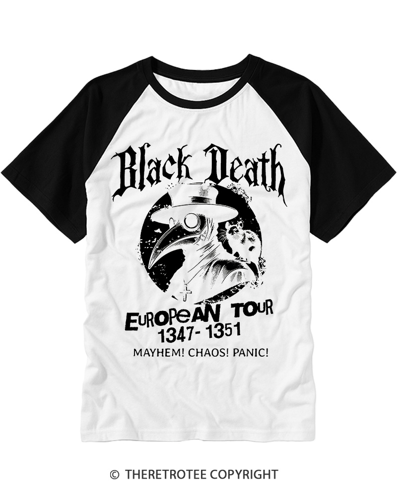 TheRetroTee Black Death European Tour 1970s Raglan Baseball T-Shirt