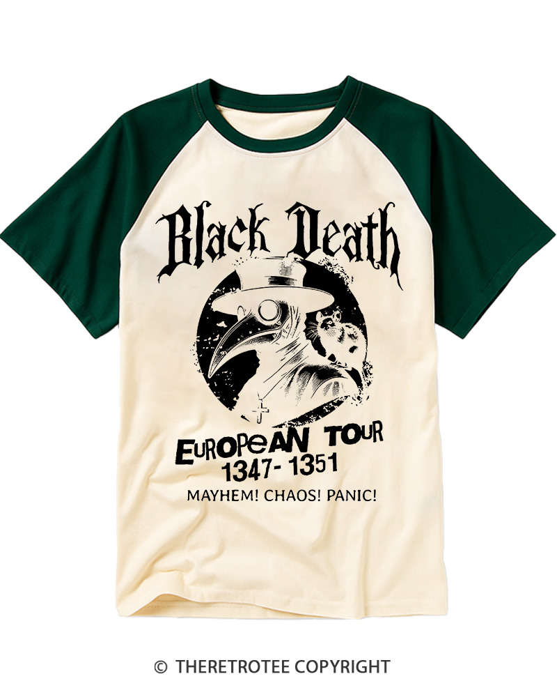 TheRetroTee Black Death European Tour 1970s Raglan Baseball T-Shirt