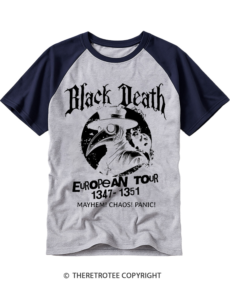 TheRetroTee Black Death European Tour 1970s Raglan Baseball T-Shirt