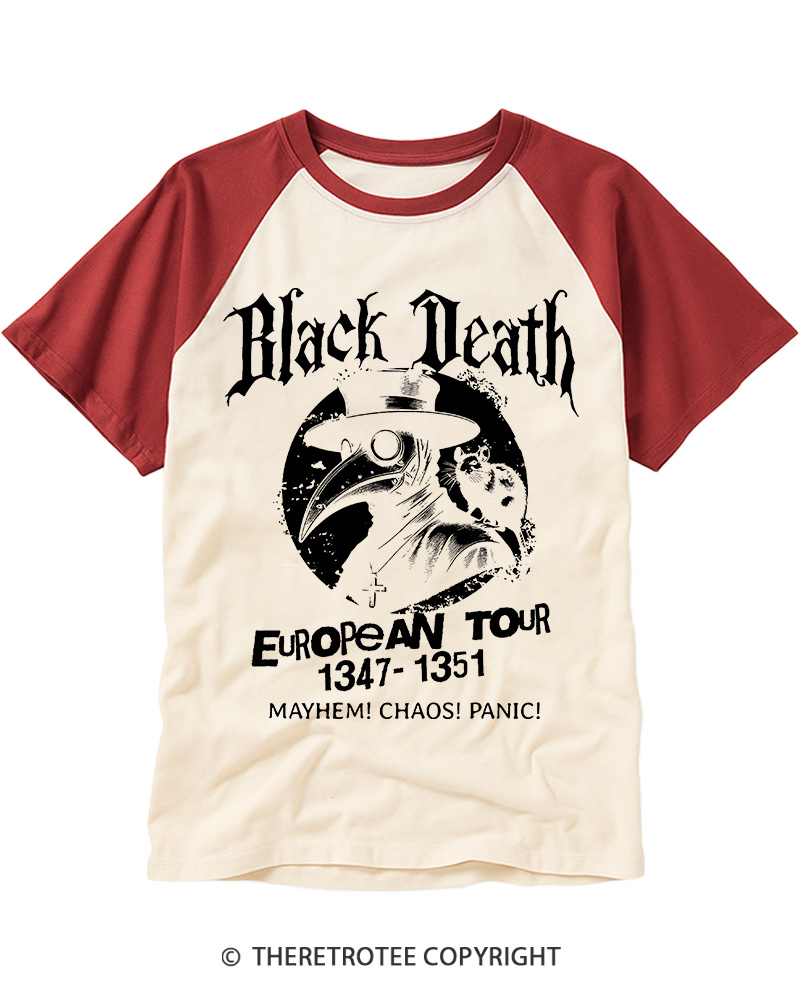 TheRetroTee Black Death European Tour 1970s Raglan Baseball T-Shirt