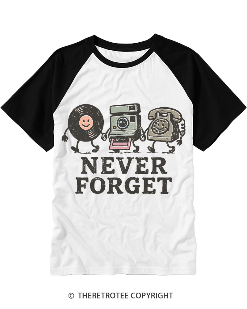TheRetroTee Never Forget 1980s Raglan Baseball T-Shirt