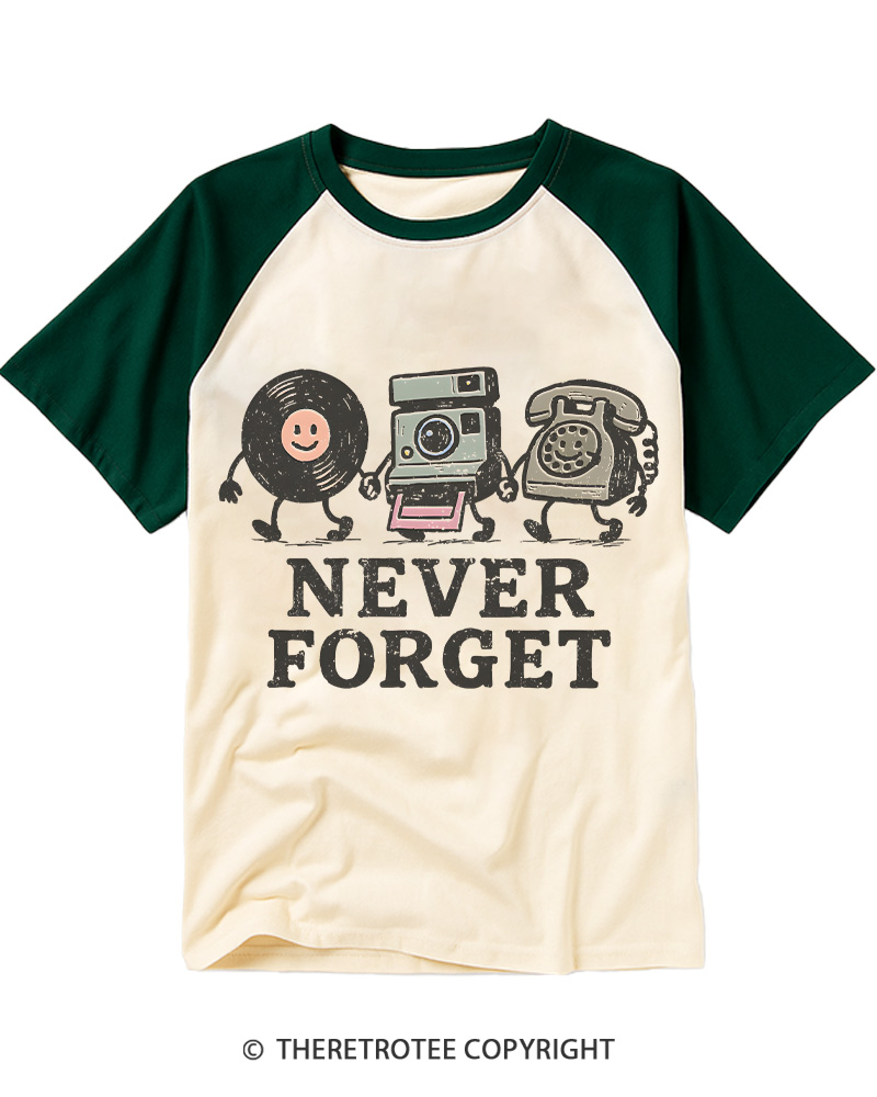 TheRetroTee Never Forget 1980s Raglan Baseball T-Shirt