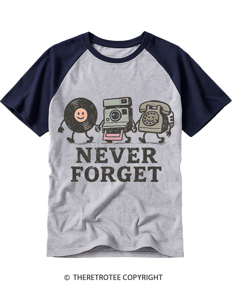 TheRetroTee Never Forget 1980s Raglan Baseball T-Shirt