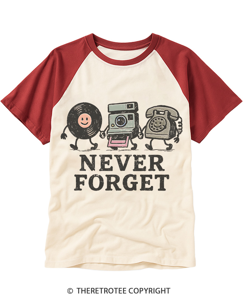 TheRetroTee Never Forget 1980s Raglan Baseball T-Shirt