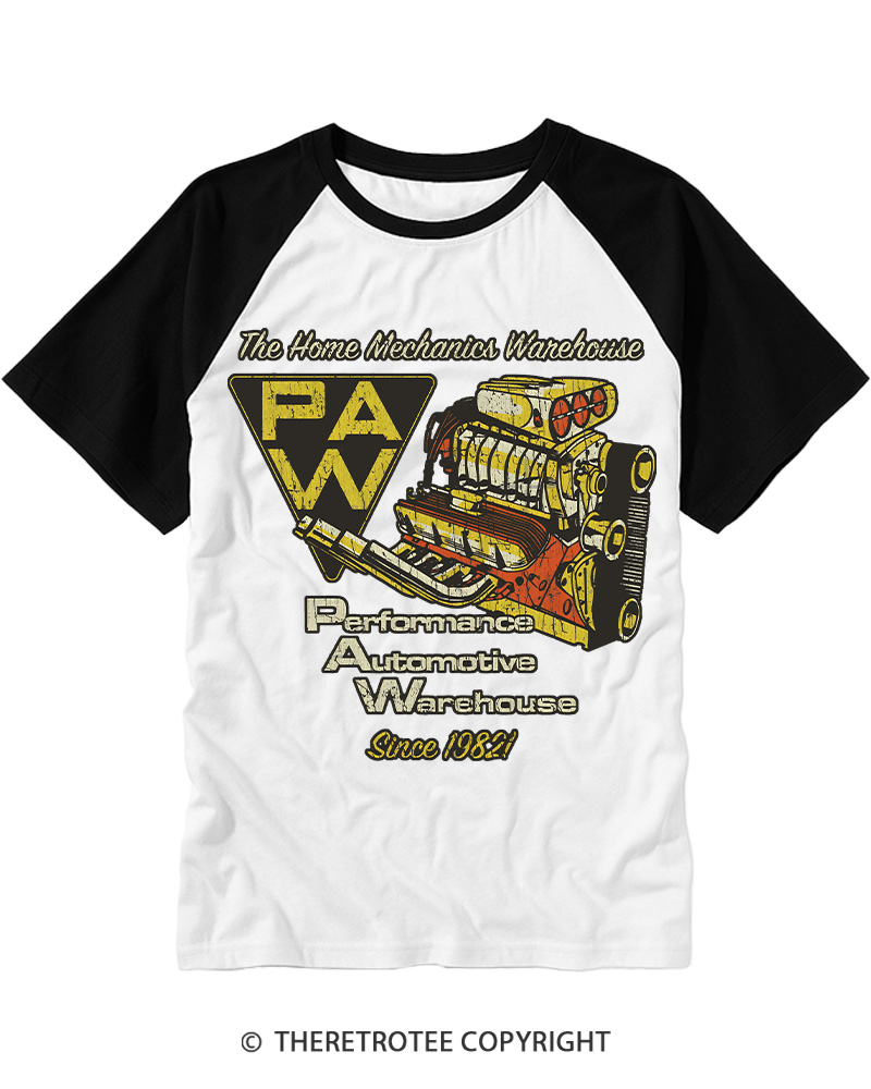 TheRetroTee Performance Automotive Warehouse 1980s Raglan Baseball T-Shirt