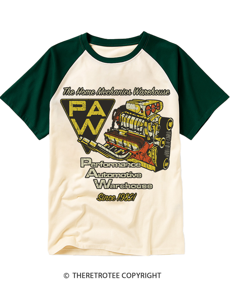 TheRetroTee Performance Automotive Warehouse 1980s Raglan Baseball T-Shirt