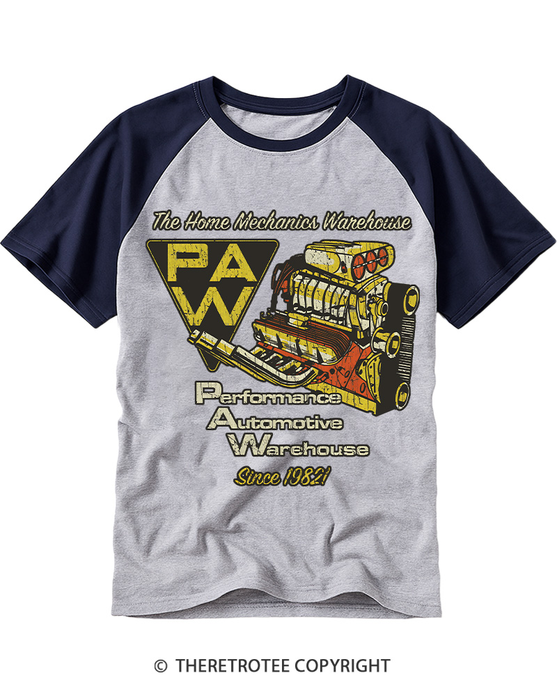TheRetroTee Performance Automotive Warehouse 1980s Raglan Baseball T-Shirt