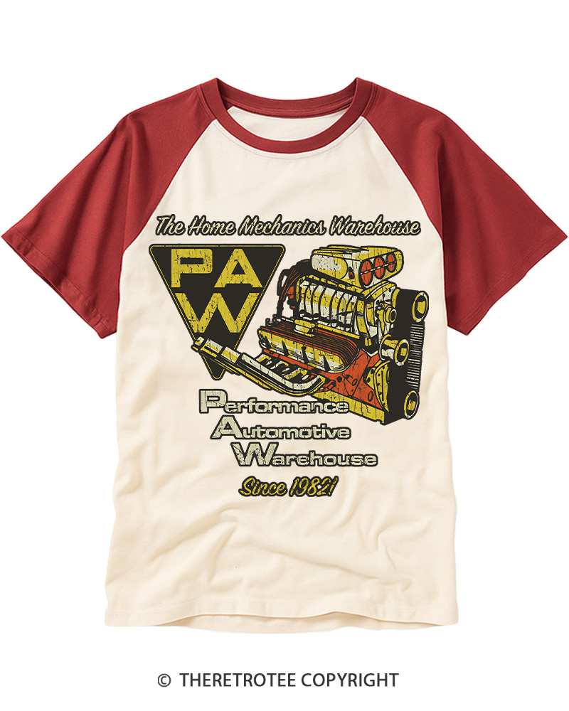 TheRetroTee Performance Automotive Warehouse 1980s Raglan Baseball T-Shirt