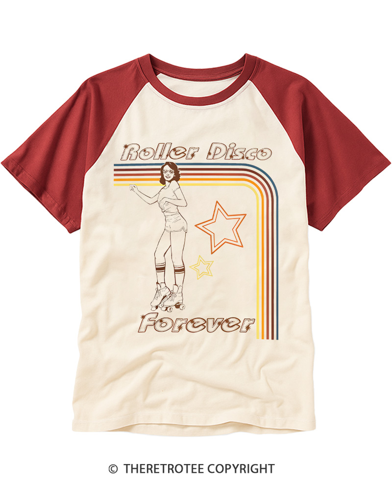 TheRetroTee Roller Disco Forever 1980s Raglan Baseball T-Shirt