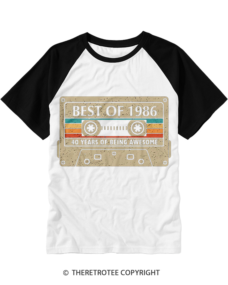 TheRetroTee 1986 Vintage 40th Birthday Raglan Baseball T-Shirt