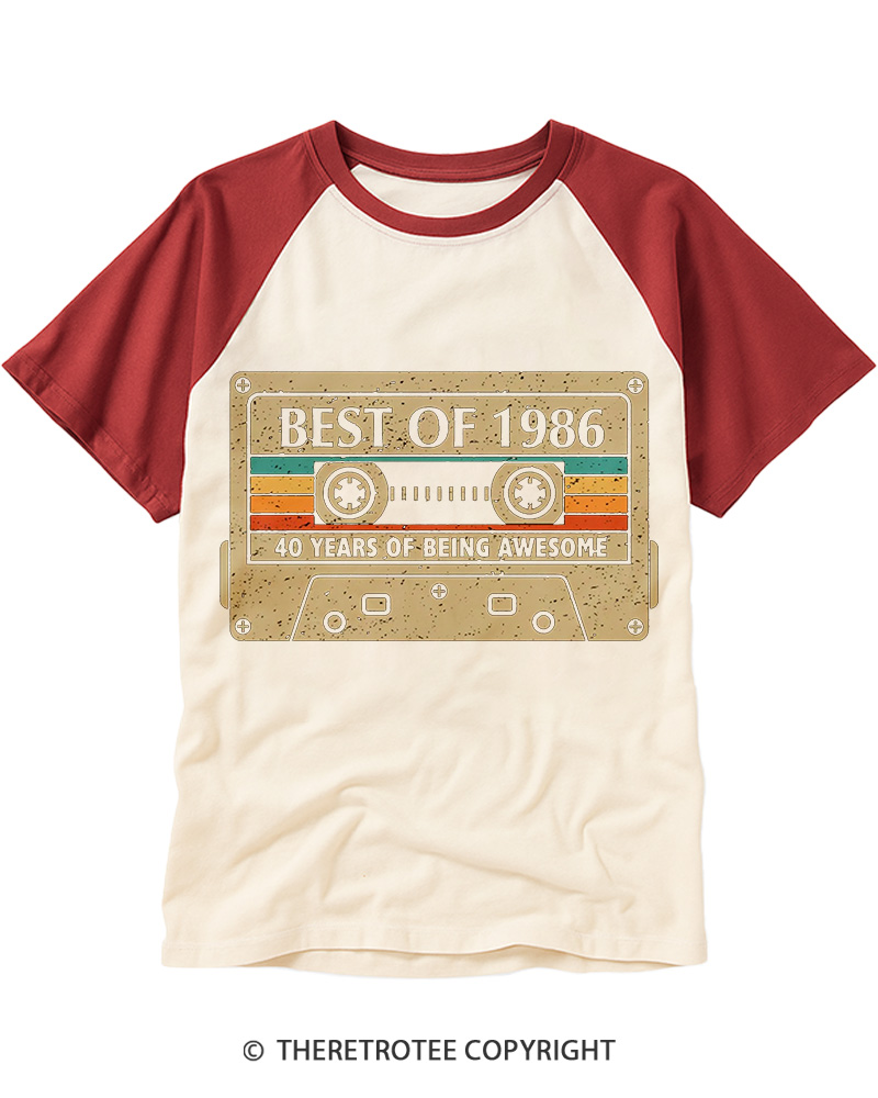 TheRetroTee 1986 Vintage 40th Birthday Raglan Baseball T-Shirt