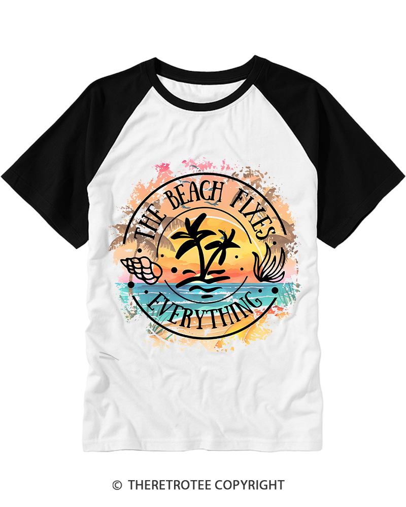 TheRetroTee Beach Fixes Everything 1980s Raglan Baseball T-Shirt