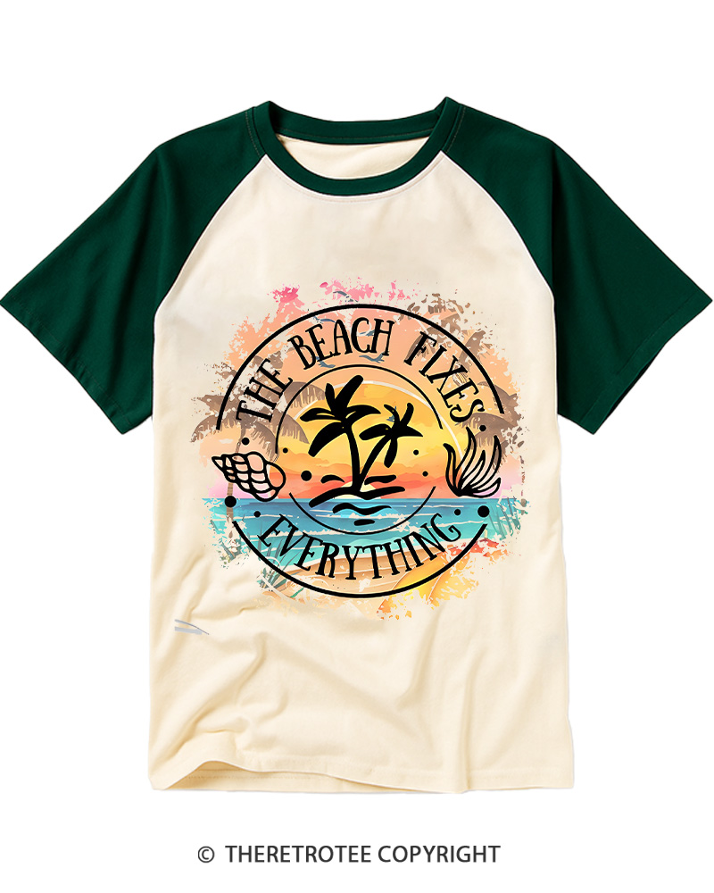TheRetroTee Beach Fixes Everything 1980s Raglan Baseball T-Shirt