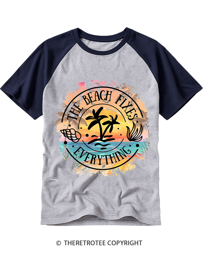 TheRetroTee Beach Fixes Everything 1980s Raglan Baseball T-Shirt