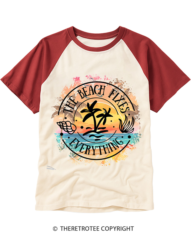 TheRetroTee Beach Fixes Everything 1980s Raglan Baseball T-Shirt